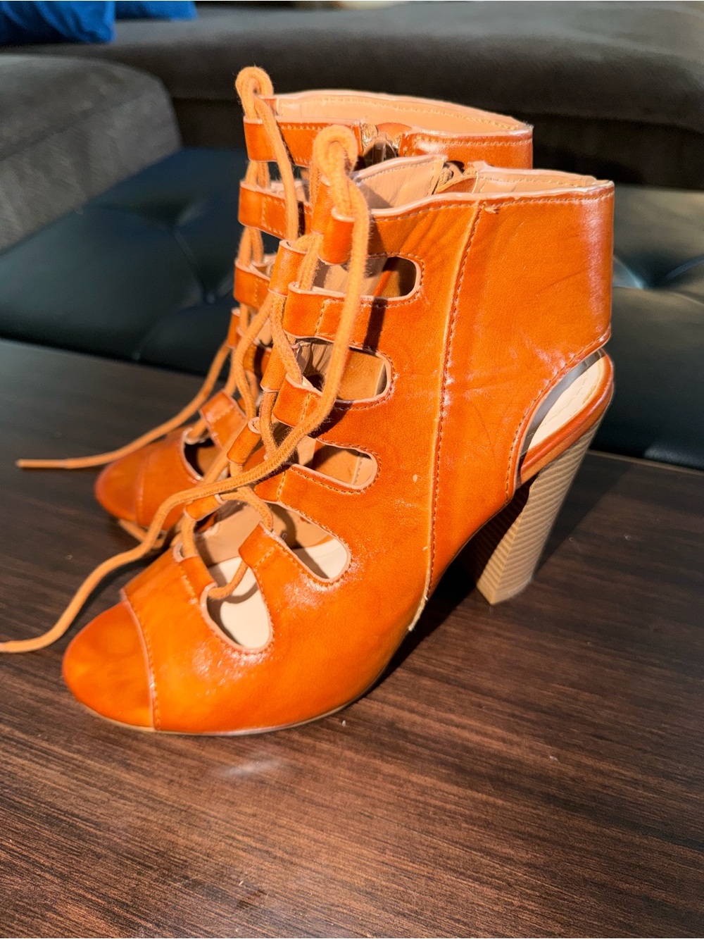 Rouge Helium Cognac Lace-Up Peep Toe Heeled booties